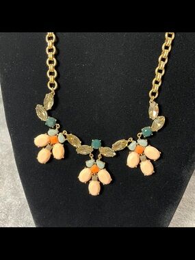 J. Crew Y2K Statement Necklace Floral Gold Tone Orange Pink Blue Crystal large